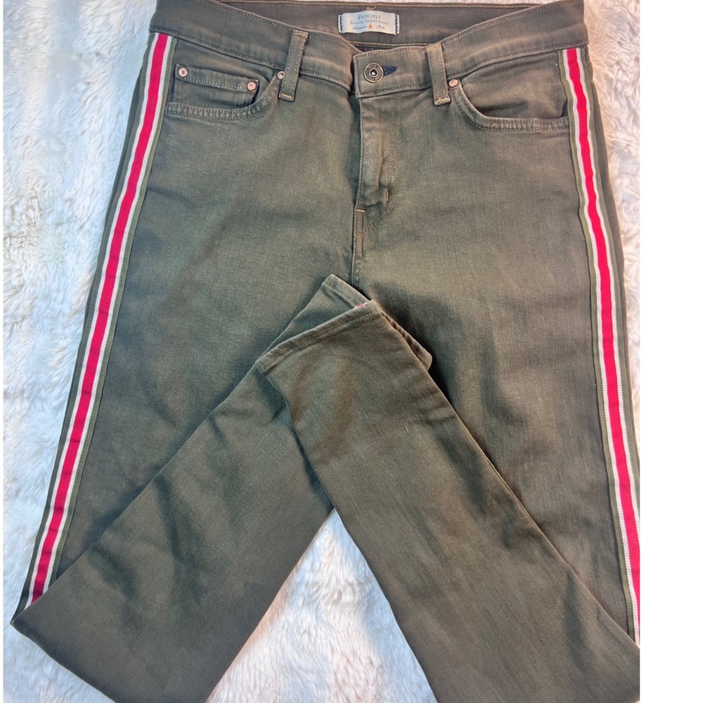 Principle Denim Innovators Olive Green Racing Stripe Skinny Jeans Size 31. A38